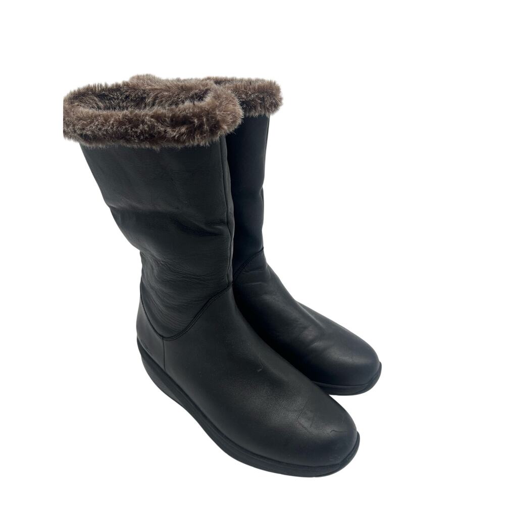 MBT WMNS Mid Calf Boots Black Leather Brown Fur Trim Side Zip Rocker Sole SZ 10M